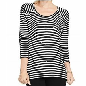 TWO BY VINCE CAMUTO STRIPED SEQUINS SWEATER, BLACK/WHITE XS